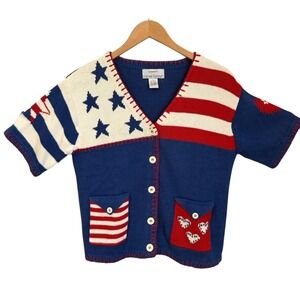VTG American Flag Cardigan Sweater  Womens M Stars Stripes Patriotic Knit 90s